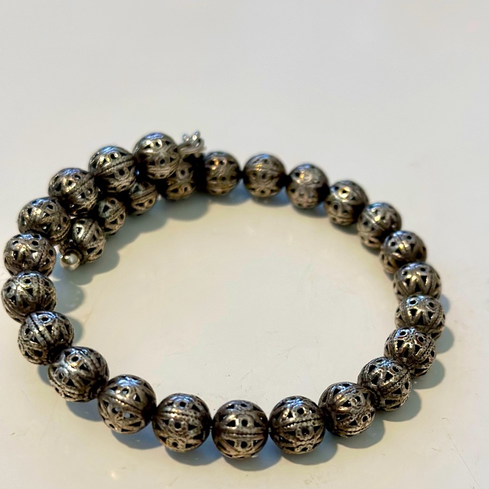 Retired filigree Alex and Ani beaded bangle bracelet. Silver